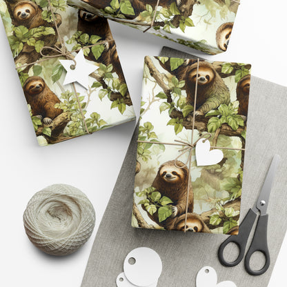 Sloths in the Jungle Wrapping Paper - Illustrated Sloths in Trees Design, Recycled Gift Wrap