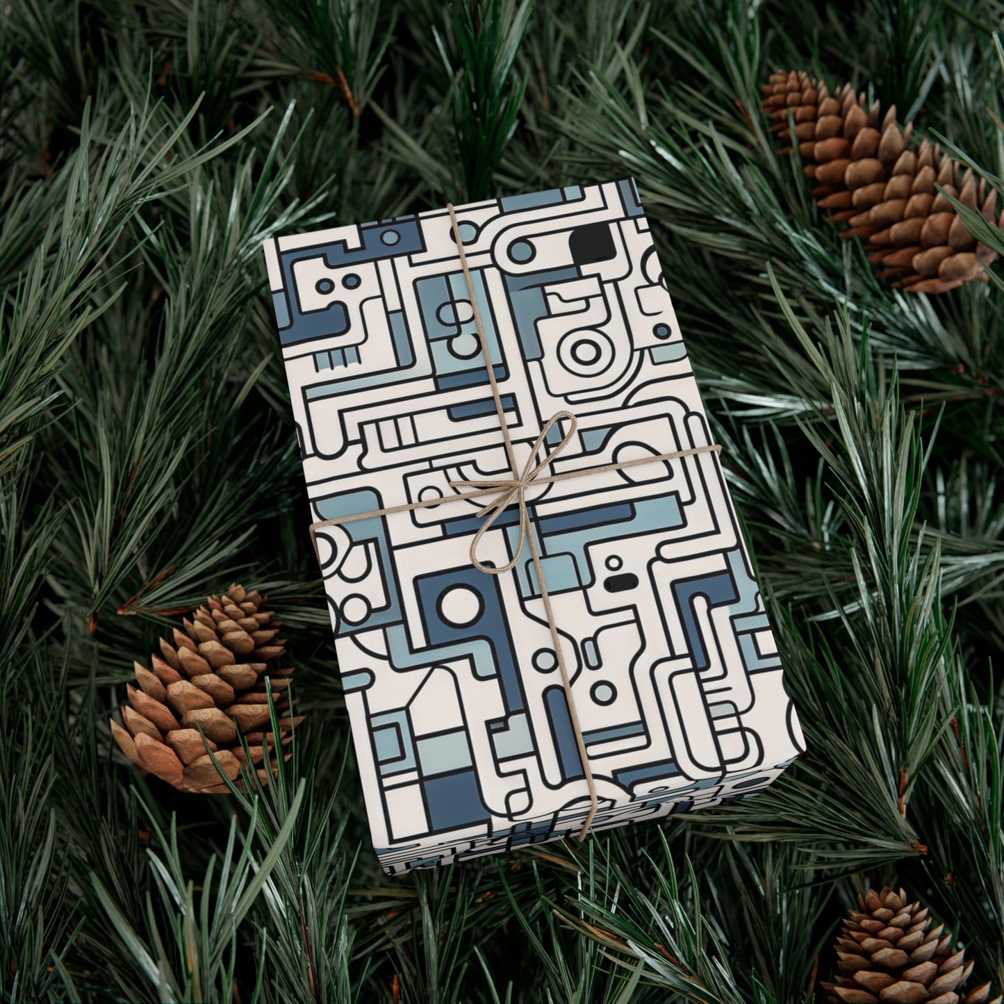 Modern Abstract Maze Wrapping Paper - Blue and Beige Mechanical Patterns on Recycled Paper