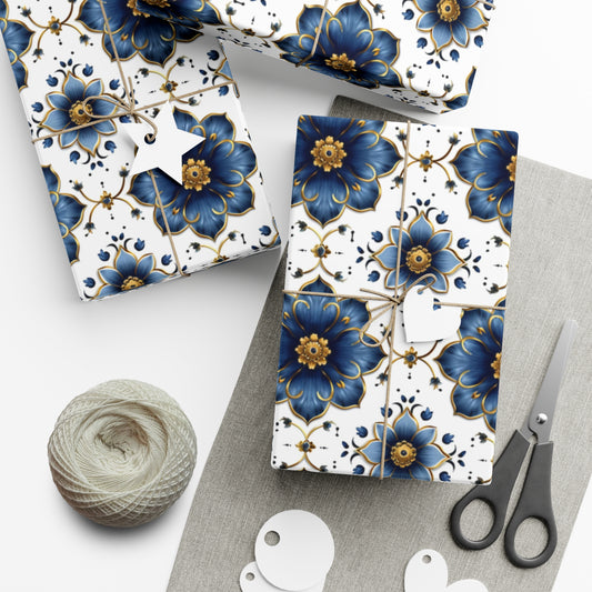 French Blue & Gold Floral Gift Wrap, Versailles-Inspired, Elegant Sustainable Wrapping Paper