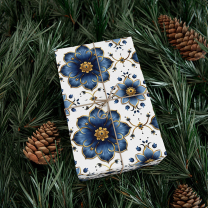 French Blue & Gold Floral Gift Wrap, Versailles-Inspired, Elegant Sustainable Wrapping Paper