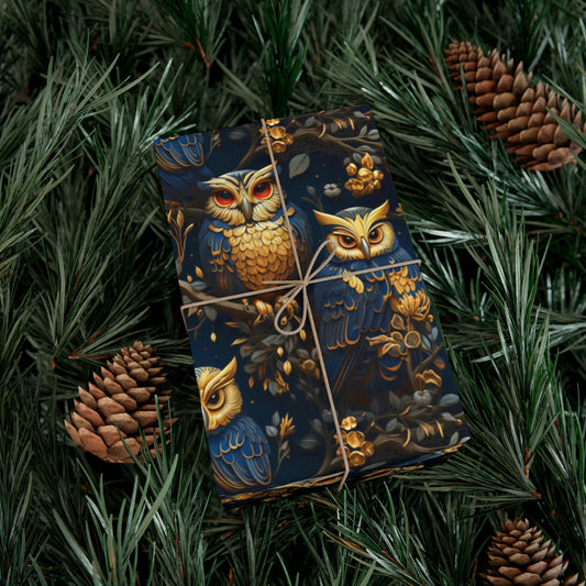 Golden Owls & Royal Blue Luxury Wrapping Paper - Vibrant Steampunk Design for All Occasions