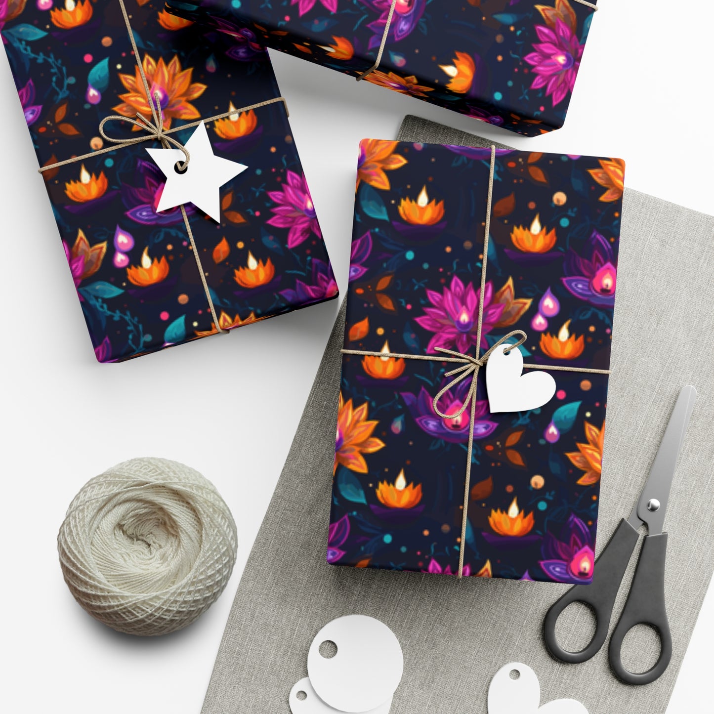 Vibrant Diwali Wrapping Paper - Colorful Elegant Lotus Candle Design for Festive Gifts