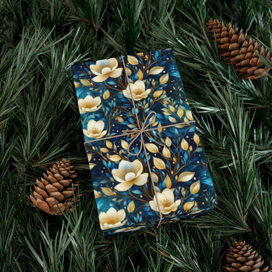 Winter's Whisper Floral Wrapping Paper - Vibrant Blues on Eco-Friendly 95gsm