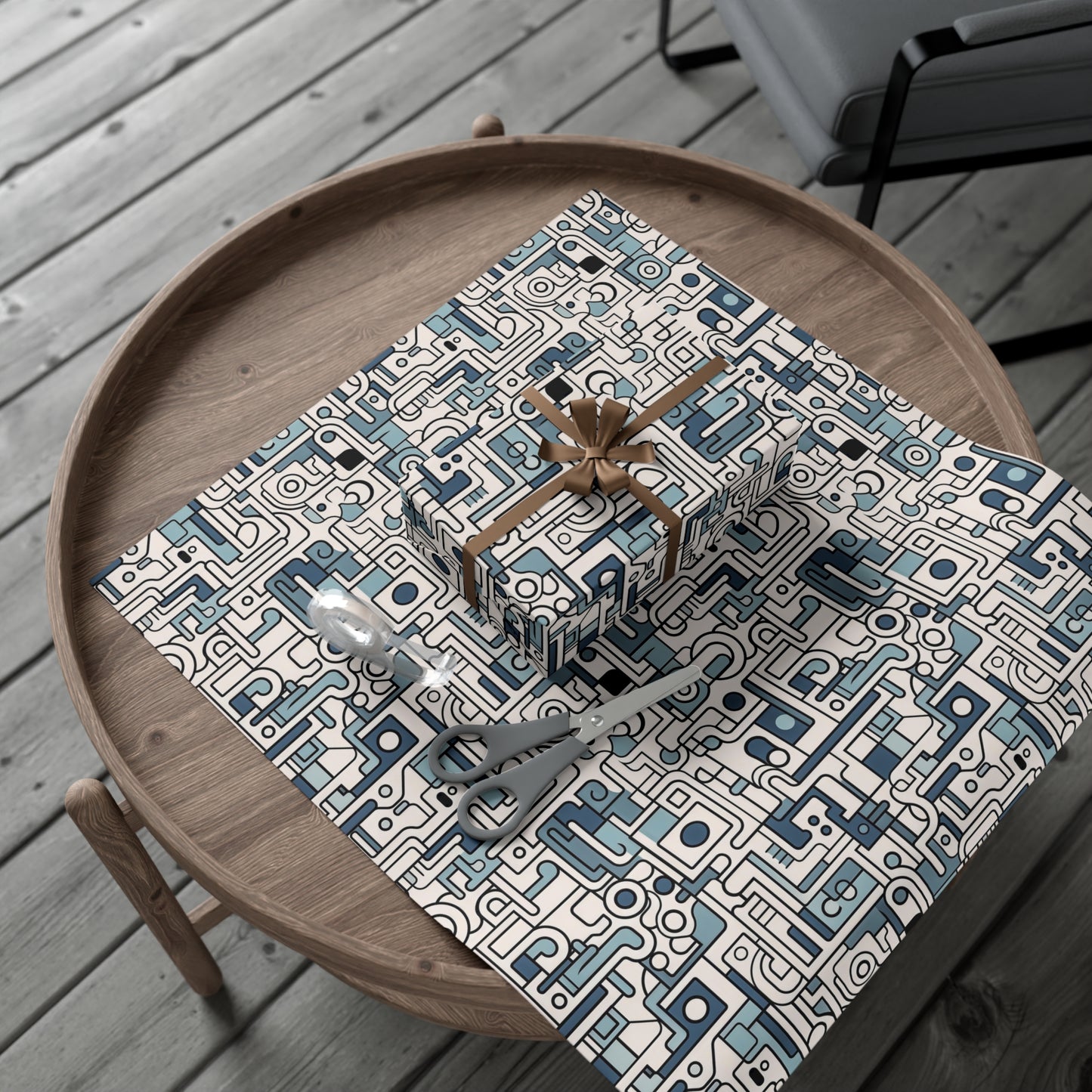 Modern Abstract Maze Wrapping Paper - Blue and Beige Mechanical Patterns on Recycled Paper