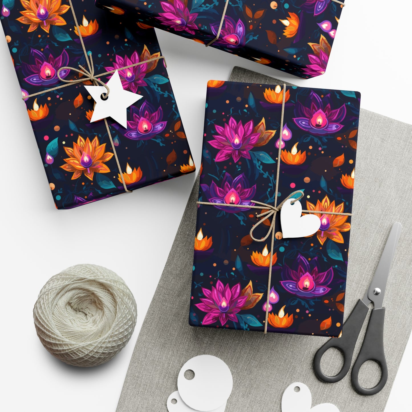 Vibrant Diwali Wrapping Paper - Colorful Elegant Lotus Candle Design for Festive Gifts