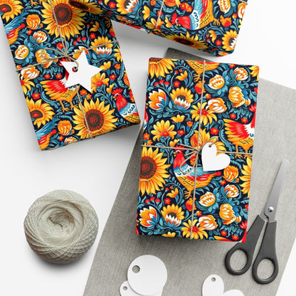 Rooster & Sunflower Wrap - Recycled Folk Art Wrapping Paper