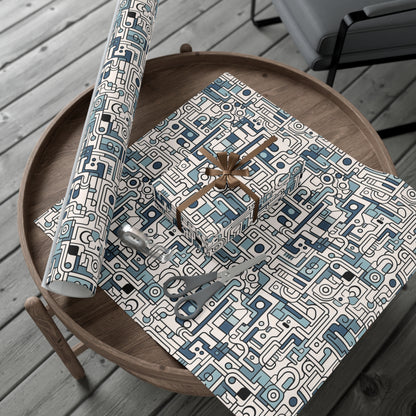 Modern Abstract Maze Wrapping Paper - Blue and Beige Mechanical Patterns on Recycled Paper