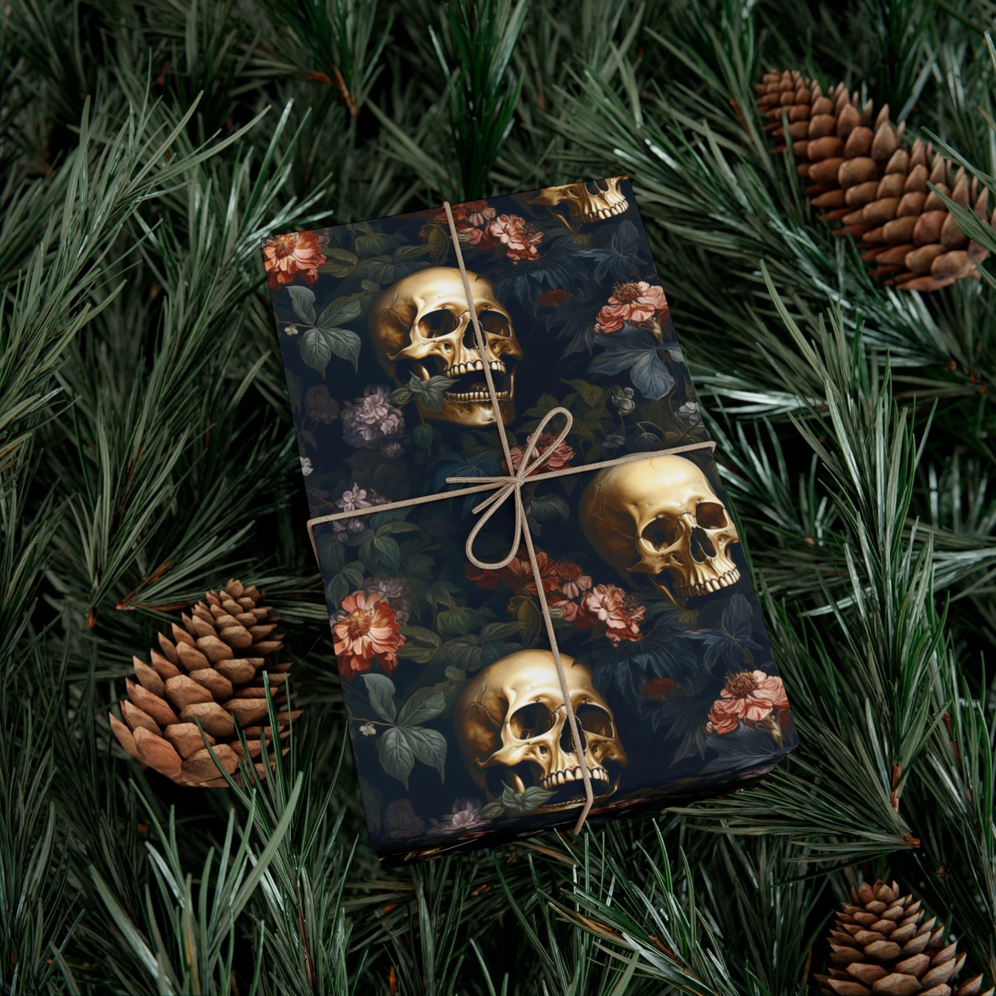 Gothic Golden Skulls & Floral Bouquet Wrapping Paper - Metalcore Punk Inspired Gift Wrap on Recycled Paper