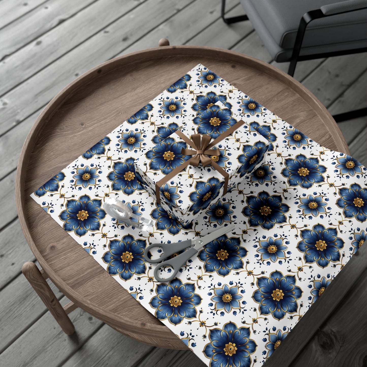 French Blue & Gold Floral Gift Wrap, Versailles-Inspired, Elegant Sustainable Wrapping Paper