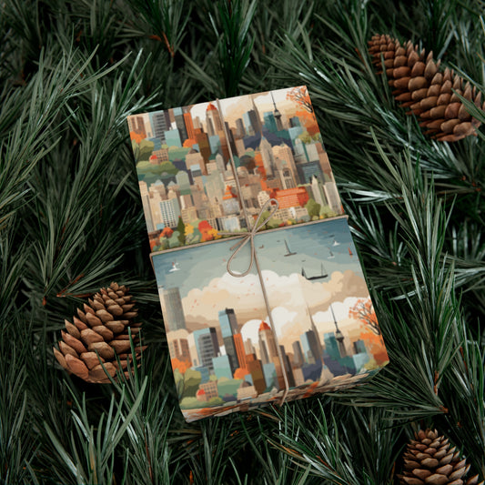 City Skyline Gift Wrapping Paper - Modern Urban Design for Birthdays, Housewarmings & Special Events