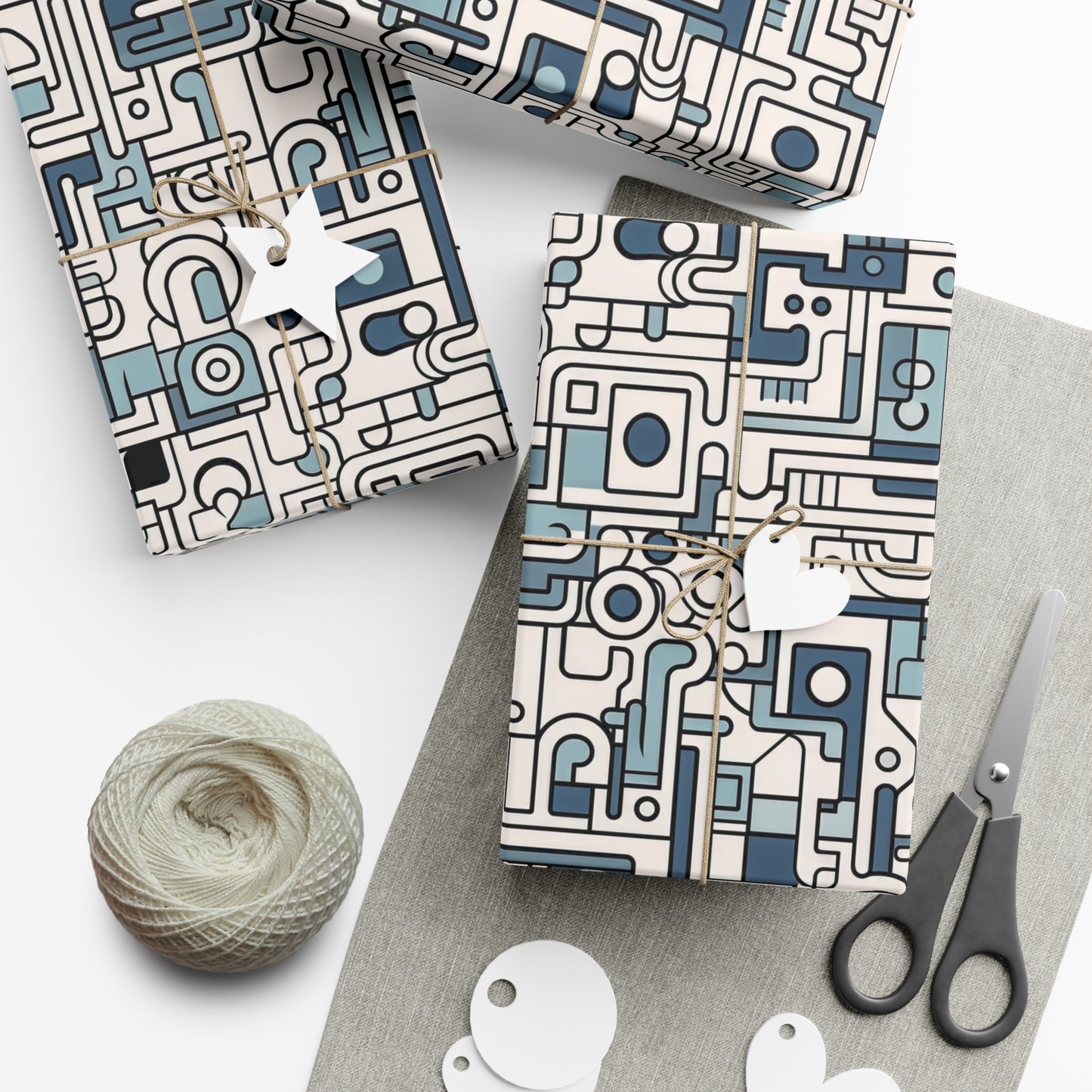 Modern Abstract Maze Wrapping Paper - Blue and Beige Mechanical Patterns on Recycled Paper