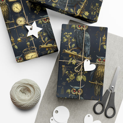 Gothic Owls Wrapping Paper | Vintage-Inspired Time & Botany Design | Unique Fantasy Gift Wrap